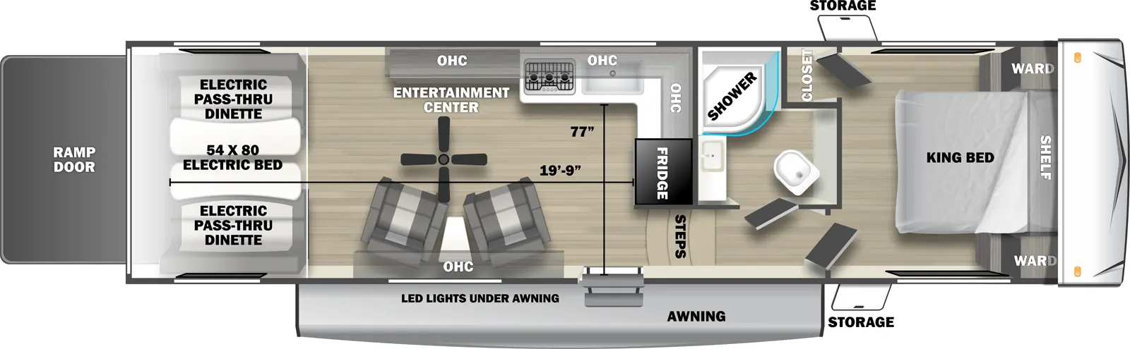 The 3210SRX has zero slideouts, one entry, and rear ramp door. Exterior features storage and awning with LED light underneath. Interior layout front to back: foot-facing king bed with shelf above, wardrobes on each side, and off-door side closet; off-door side full bathroom; steps down to main living area and entry; refrigerator and kitchen counter with overhead cabinet wrap from inner wall to off-door side with sink, cooktop and entertainment center; door side chairs with end table, overhead cabinet, and paddle fan; rear opposing electric pass-thru dinettes with electric bed above. Garage dimensions: 19 foot 9 inches from rear to kitchen counter; 77" from door side to kitchen counter.